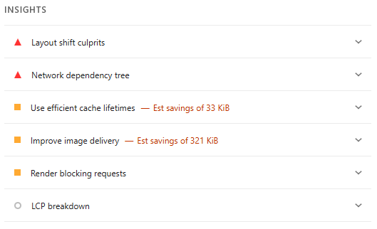 an image of a Google Lighthouse audit, showing certain insights that could be resolved with more work