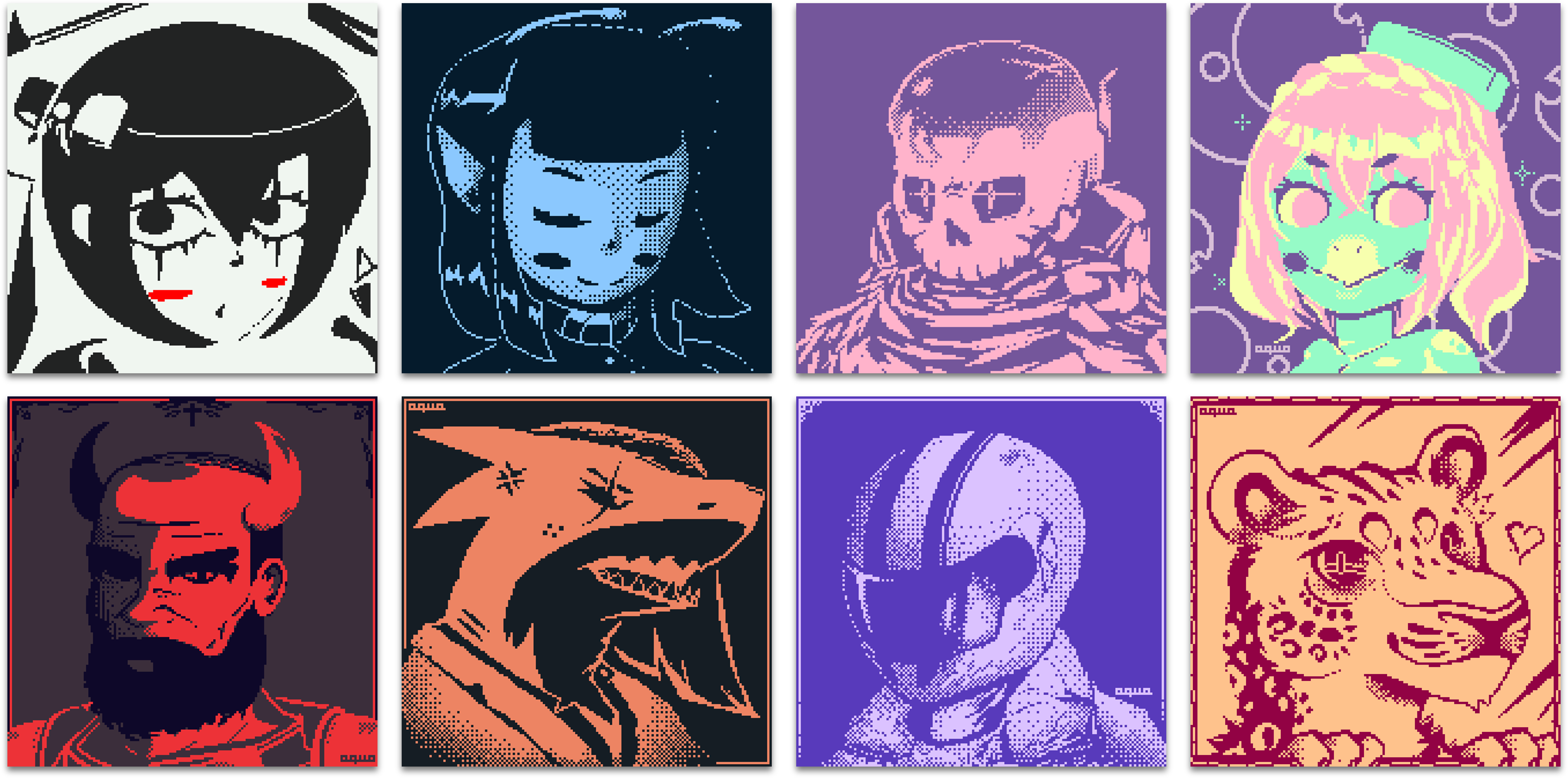a collage of 8 different pieces of portrait-style pixel art