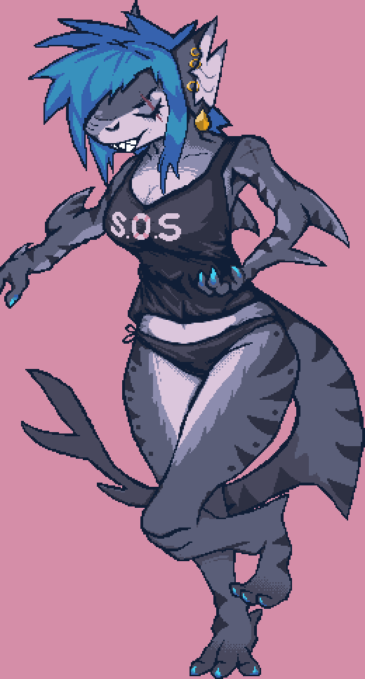 a pixel art piece of an anthropomorphic shark girl with blue hair doing air guitar